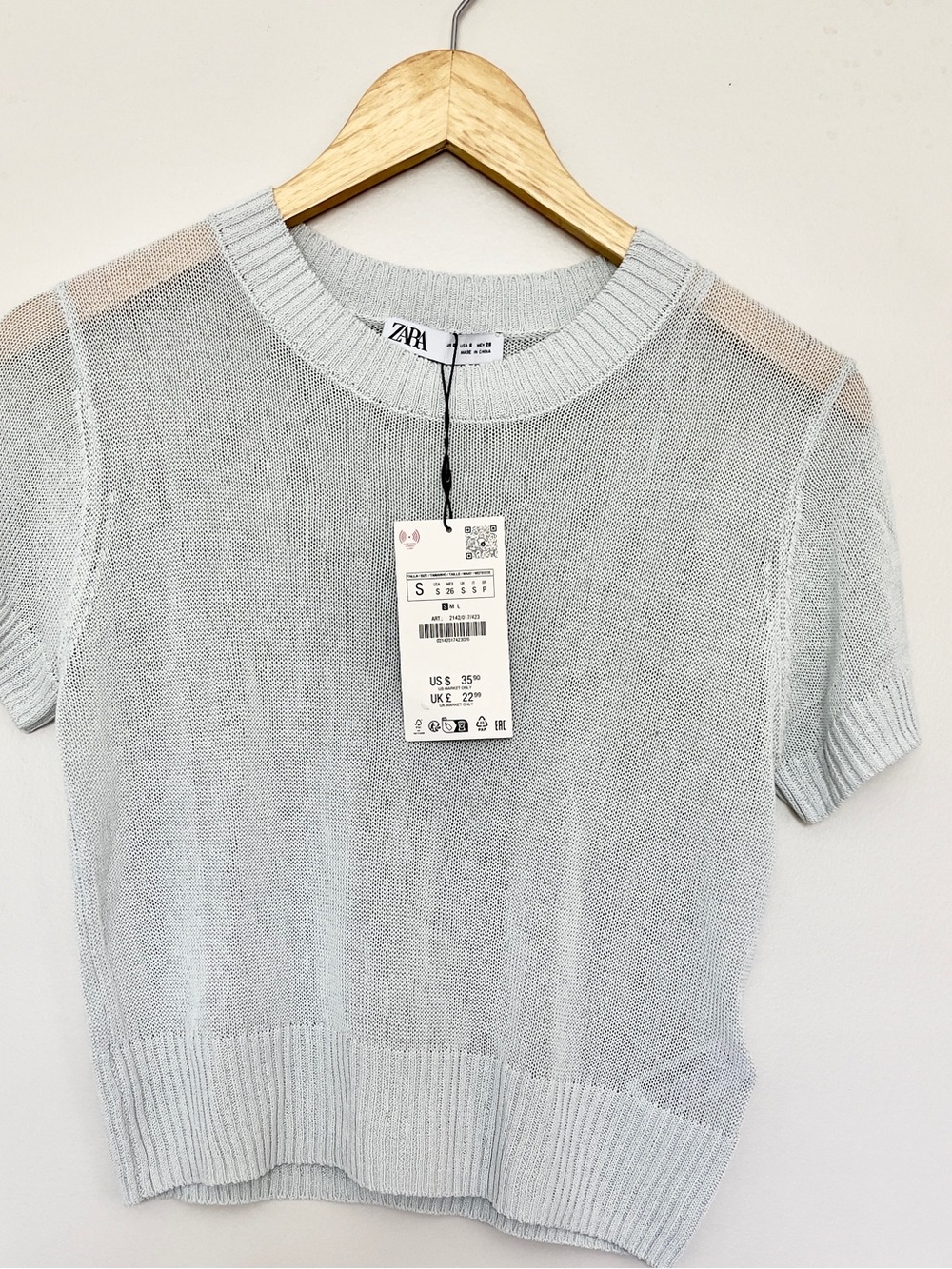Zara Pale Blue Short Sleeve Knit Top - NWT - Size Small